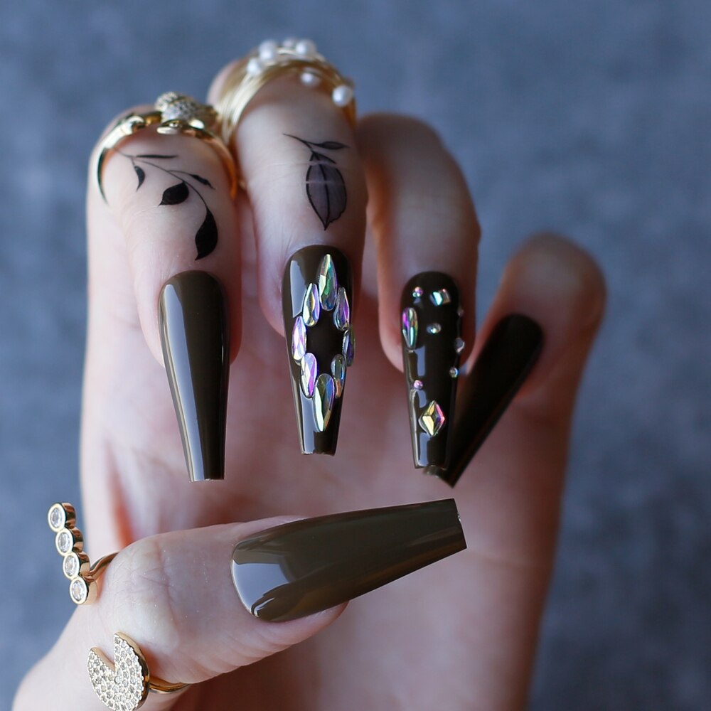 Gel Deep Olive green Bling crystal Luxury Acrylic nails fake nails ballet UV glossy reuse Black box Extra Coffin false nails