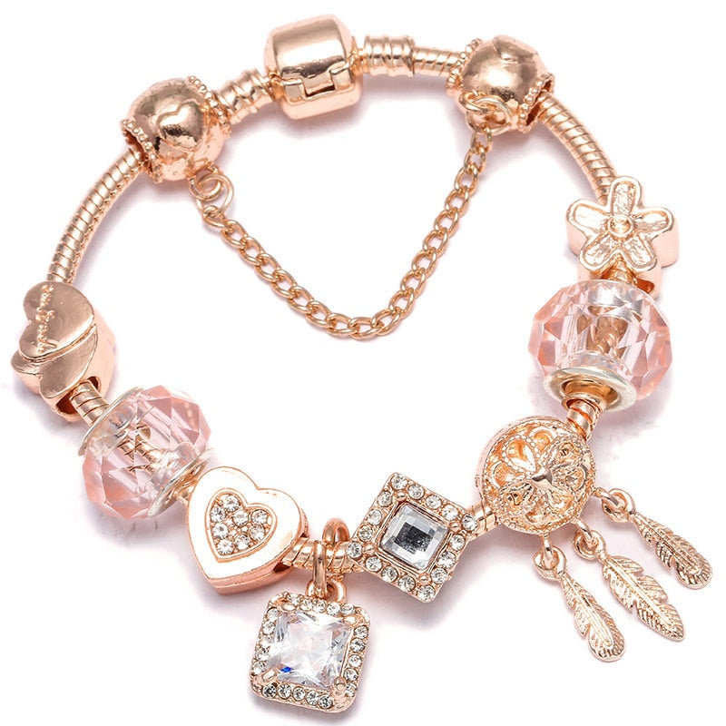 BAOPON New Heart & Key Pendant Rose Gold Color Fine Bracelets & Bangles Ferris Wheel Beads Charm Bracelet For Women Jewelry Gift