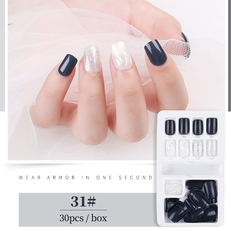 30pcs Designed Fake Nails Artificial False Nails Tips Set Full Cover for Decoration Press On Fake Nails Art Tips With Sticker