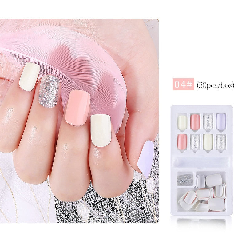 30pcs Designed Fake Nails Artificial False Nails Tips Set Full Cover for Decoration Press On Fake Nails Art Tips With Sticker