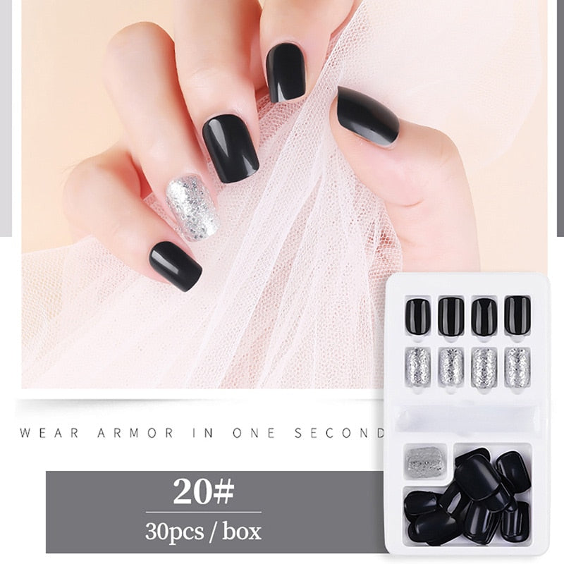 30pcs Designed Fake Nails Artificial False Nails Tips Set Full Cover for Decoration Press On Fake Nails Art Tips With Sticker