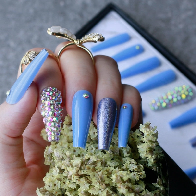 Gel Deep Olive green Bling crystal Luxury Acrylic nails fake nails ballet UV glossy reuse Black box Extra Coffin false nails