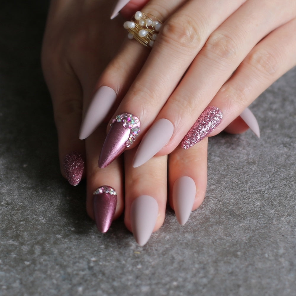 Stiletto Nude Fake nails Rose metal crystal false nails red glitter full set long go custom Salon Burgundy press on nails
