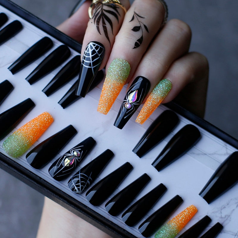 Gel Deep Olive green Bling crystal Luxury Acrylic nails fake nails ballet UV glossy reuse Black box Extra Coffin false nails