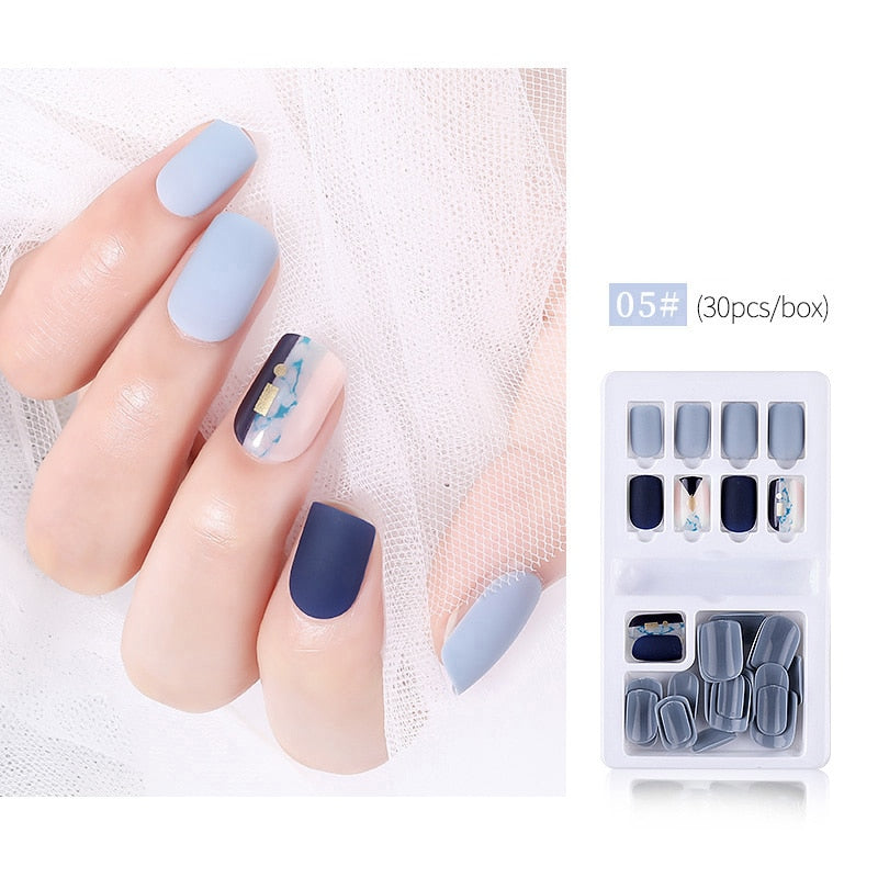 30pcs Designed Fake Nails Artificial False Nails Tips Set Full Cover for Decoration Press On Fake Nails Art Tips With Sticker