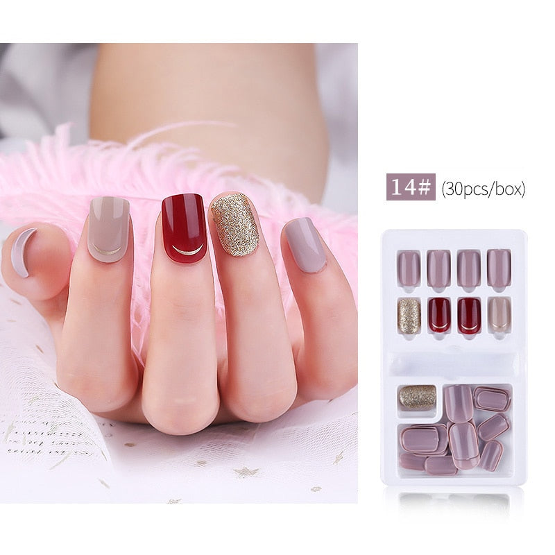 30pcs Designed Fake Nails Artificial False Nails Tips Set Full Cover for Decoration Press On Fake Nails Art Tips With Sticker