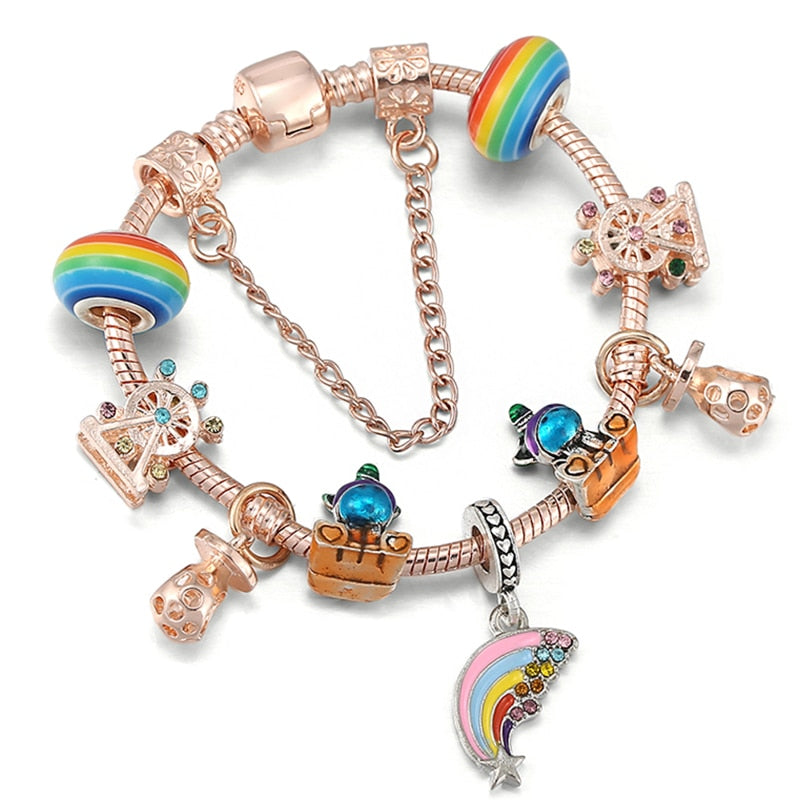 BAOPON New Heart &amp; Key Pendant Rose Gold Color Fine Bracelets &amp; Bangles Ferris Wheel Beads Charm Bracelet For Women Jewelry Gift