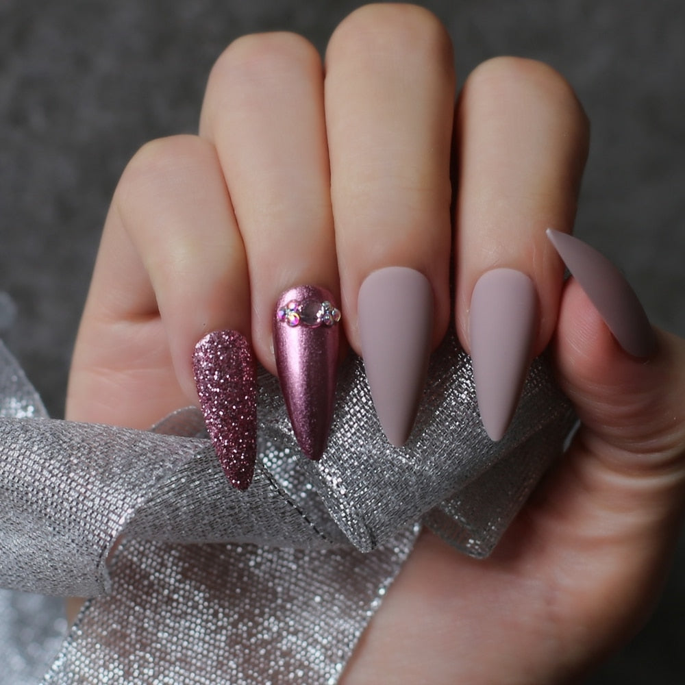 Stiletto Nude Fake nails Rose metal crystal false nails red glitter full set long go custom Salon Burgundy press on nails