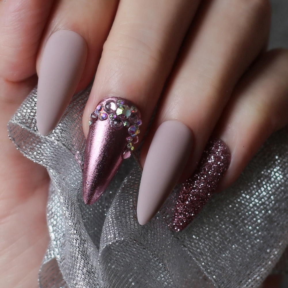 Stiletto Nude Fake nails Rose metal crystal false nails red glitter full set long go custom Salon Burgundy press on nails