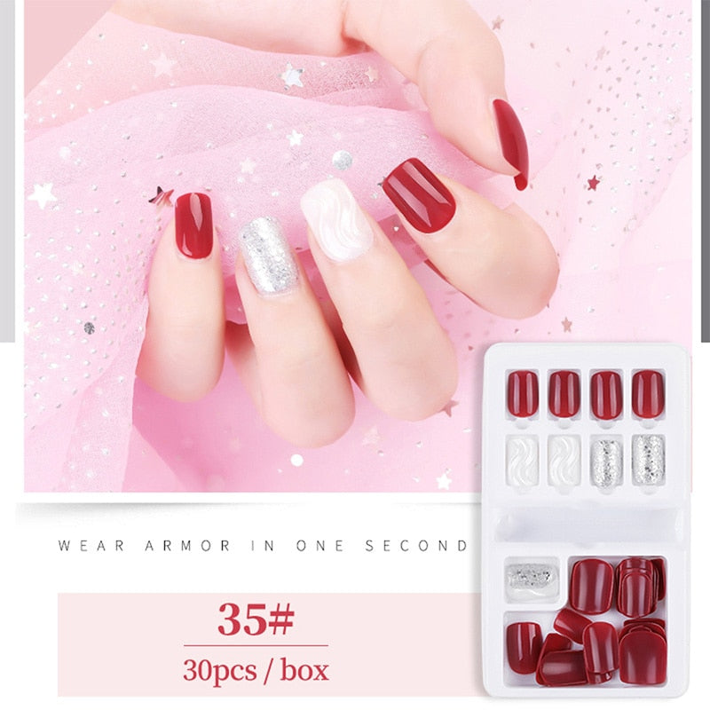 30pcs Designed Fake Nails Artificial False Nails Tips Set Full Cover for Decoration Press On Fake Nails Art Tips With Sticker