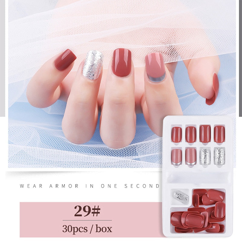 30pcs Designed Fake Nails Artificial False Nails Tips Set Full Cover for Decoration Press On Fake Nails Art Tips With Sticker