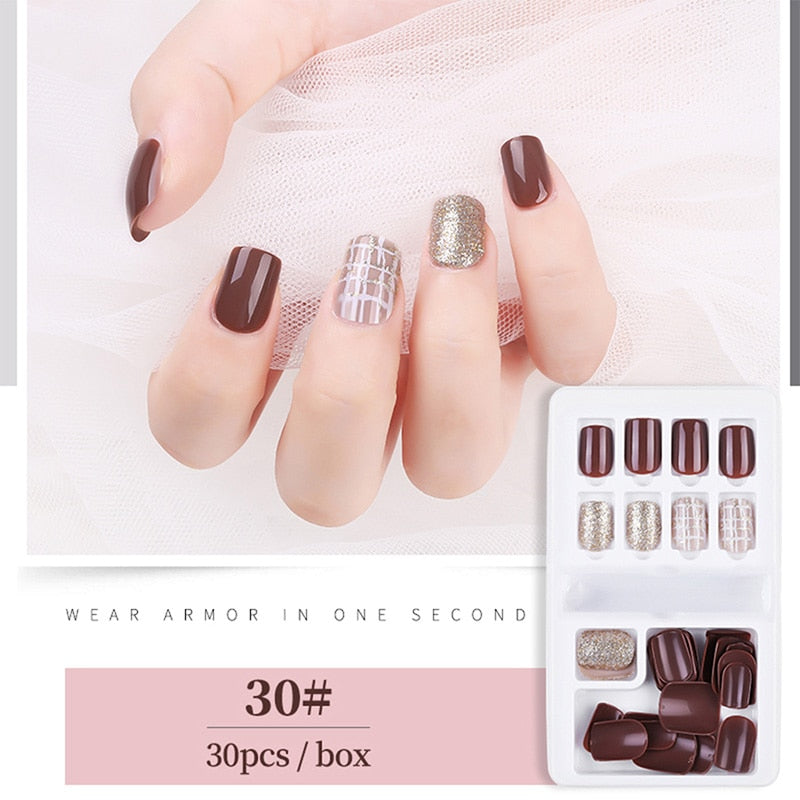 30pcs Designed Fake Nails Artificial False Nails Tips Set Full Cover for Decoration Press On Fake Nails Art Tips With Sticker