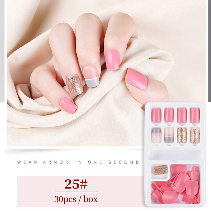 30pcs Designed Fake Nails Artificial False Nails Tips Set Full Cover for Decoration Press On Fake Nails Art Tips With Sticker