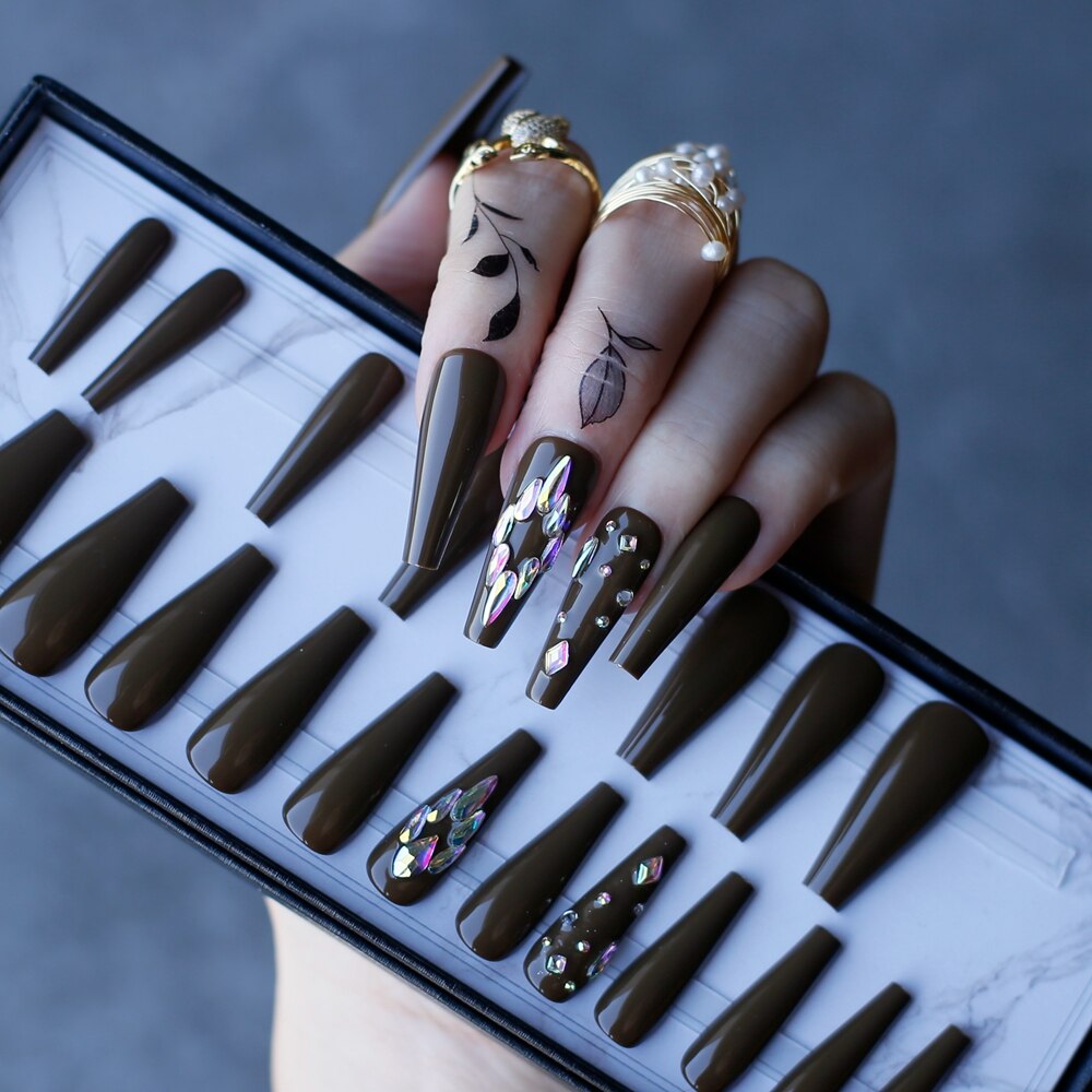 Gel Deep Olive green Bling crystal Luxury Acrylic nails fake nails ballet UV glossy reuse Black box Extra Coffin false nails