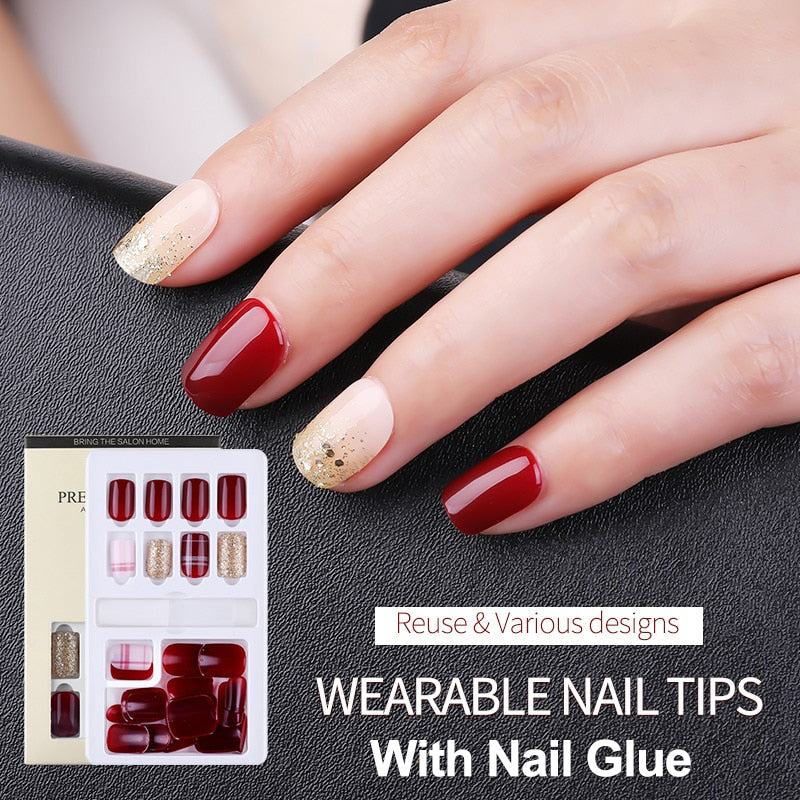 30pcs Designed Fake Nails Artificial False Nails Tips Set Full Cover for Decoration Press On Fake Nails Art Tips With Sticker