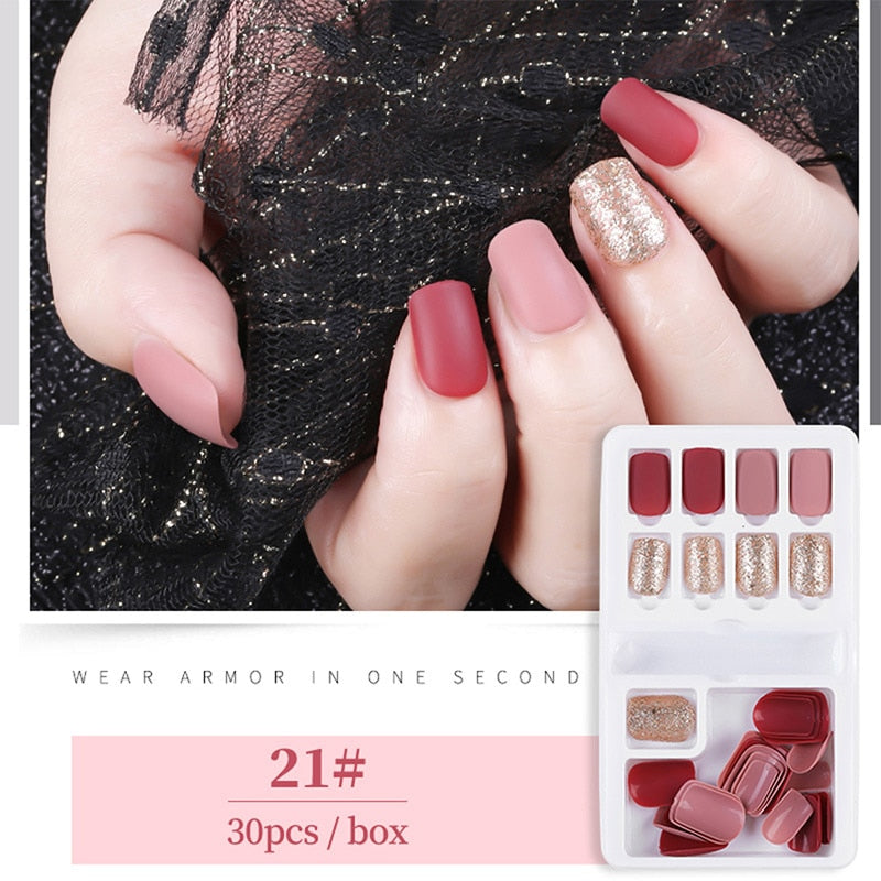 30pcs Designed Fake Nails Artificial False Nails Tips Set Full Cover for Decoration Press On Fake Nails Art Tips With Sticker