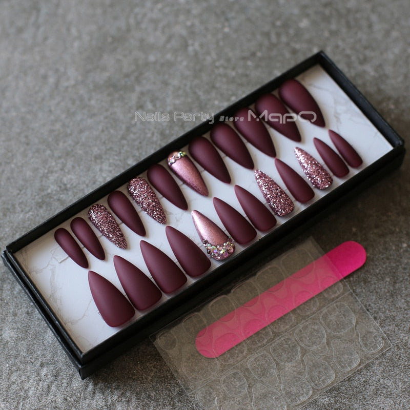 Stiletto Nude Fake nails Rose metal crystal false nails red glitter full set long go custom Salon Burgundy press on nails
