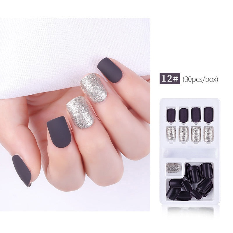 30pcs Designed Fake Nails Artificial False Nails Tips Set Full Cover for Decoration Press On Fake Nails Art Tips With Sticker