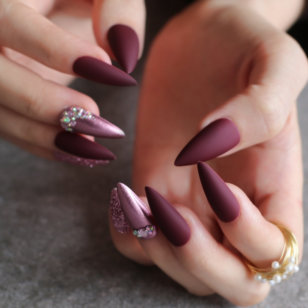 Stiletto Nude Fake nails Rose metal crystal false nails red glitter full set long go custom Salon Burgundy press on nails