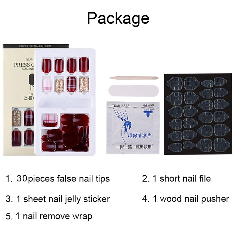 30pcs Designed Fake Nails Artificial False Nails Tips Set Full Cover for Decoration Press On Fake Nails Art Tips With Sticker