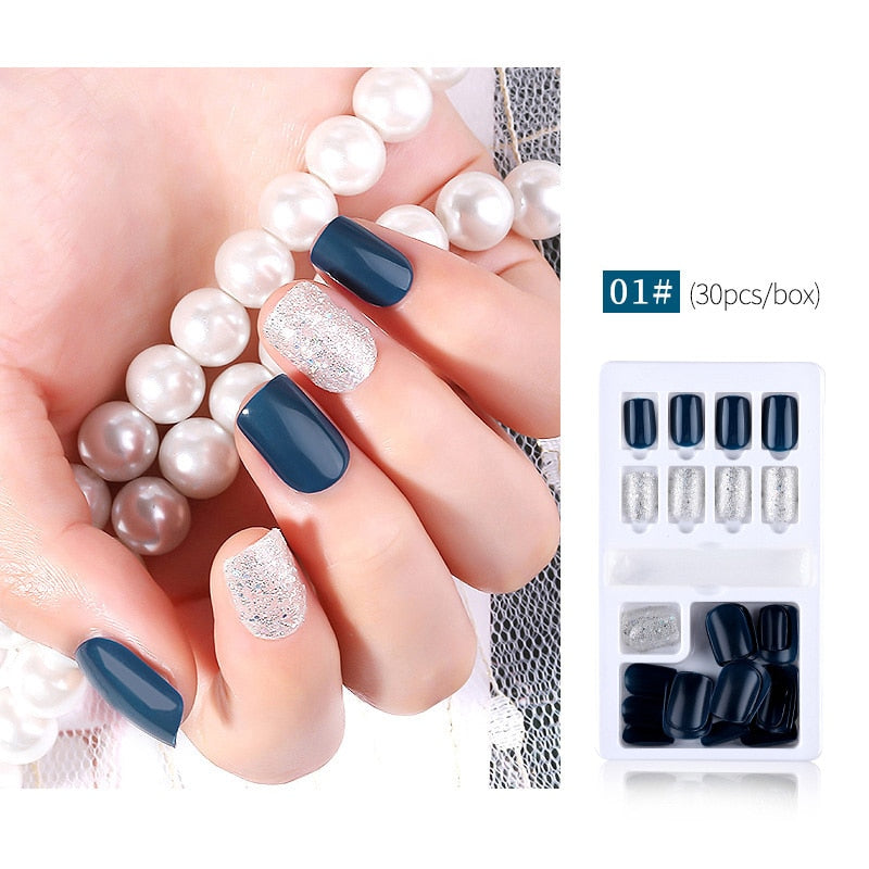 30pcs Designed Fake Nails Artificial False Nails Tips Set Full Cover for Decoration Press On Fake Nails Art Tips With Sticker