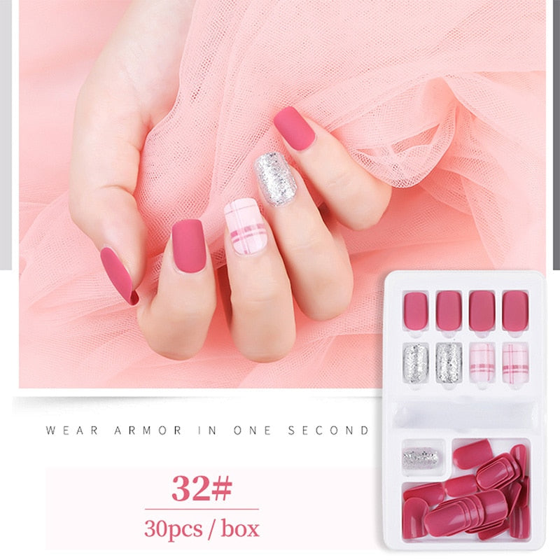 30pcs Designed Fake Nails Artificial False Nails Tips Set Full Cover for Decoration Press On Fake Nails Art Tips With Sticker