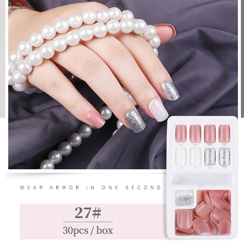 30pcs Designed Fake Nails Artificial False Nails Tips Set Full Cover for Decoration Press On Fake Nails Art Tips With Sticker