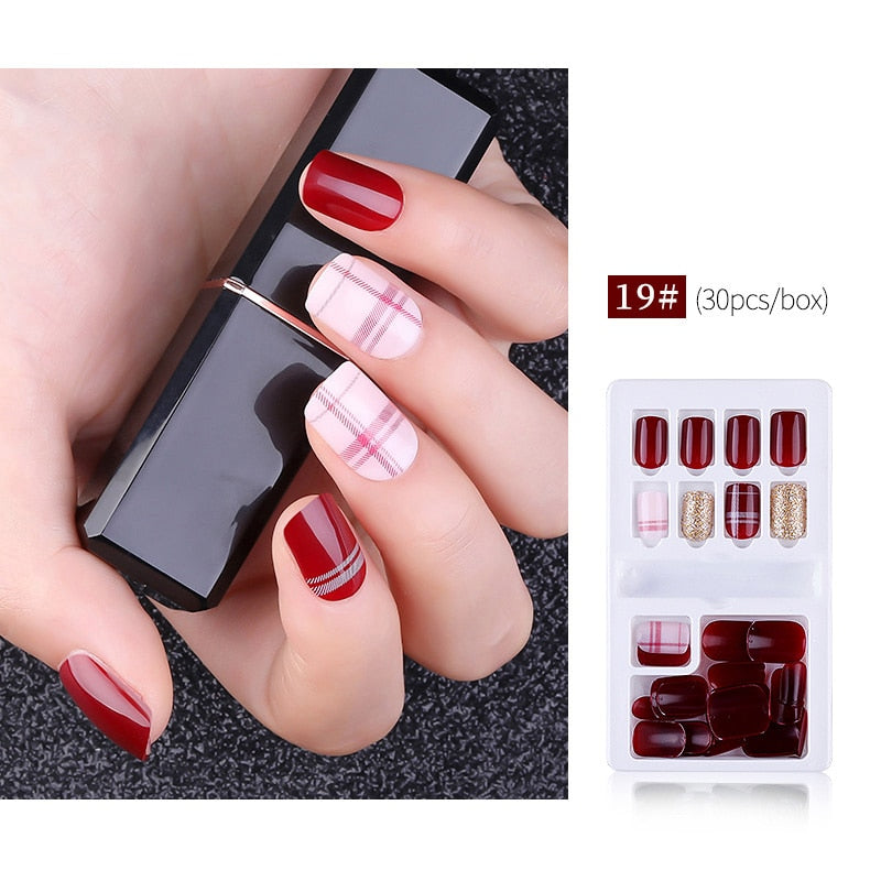 30pcs Designed Fake Nails Artificial False Nails Tips Set Full Cover for Decoration Press On Fake Nails Art Tips With Sticker