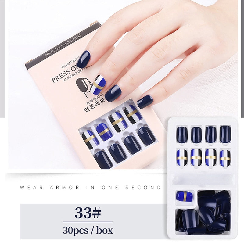 30pcs Designed Fake Nails Artificial False Nails Tips Set Full Cover for Decoration Press On Fake Nails Art Tips With Sticker