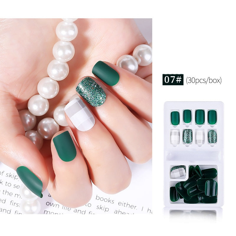 30pcs Designed Fake Nails Artificial False Nails Tips Set Full Cover for Decoration Press On Fake Nails Art Tips With Sticker