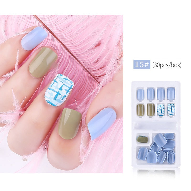 30pcs Designed Fake Nails Artificial False Nails Tips Set Full Cover for Decoration Press On Fake Nails Art Tips With Sticker