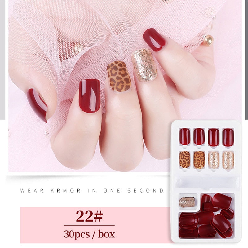 30pcs Designed Fake Nails Artificial False Nails Tips Set Full Cover for Decoration Press On Fake Nails Art Tips With Sticker