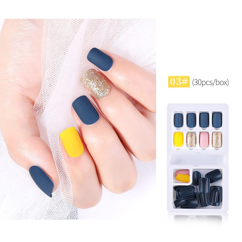 30pcs Designed Fake Nails Artificial False Nails Tips Set Full Cover for Decoration Press On Fake Nails Art Tips With Sticker