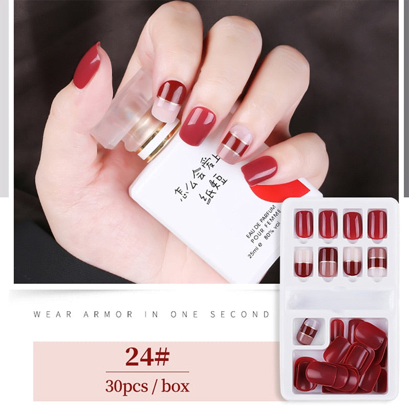 30pcs Designed Fake Nails Artificial False Nails Tips Set Full Cover for Decoration Press On Fake Nails Art Tips With Sticker
