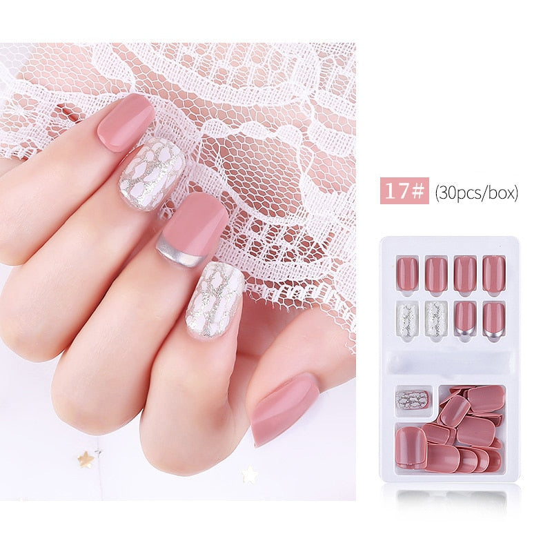 30pcs Designed Fake Nails Artificial False Nails Tips Set Full Cover for Decoration Press On Fake Nails Art Tips With Sticker