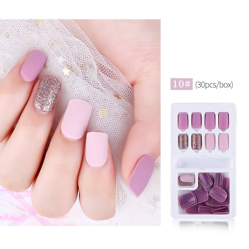 30pcs Designed Fake Nails Artificial False Nails Tips Set Full Cover for Decoration Press On Fake Nails Art Tips With Sticker
