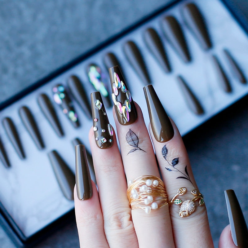 Gel Deep Olive green Bling crystal Luxury Acrylic nails fake nails ballet UV glossy reuse Black box Extra Coffin false nails