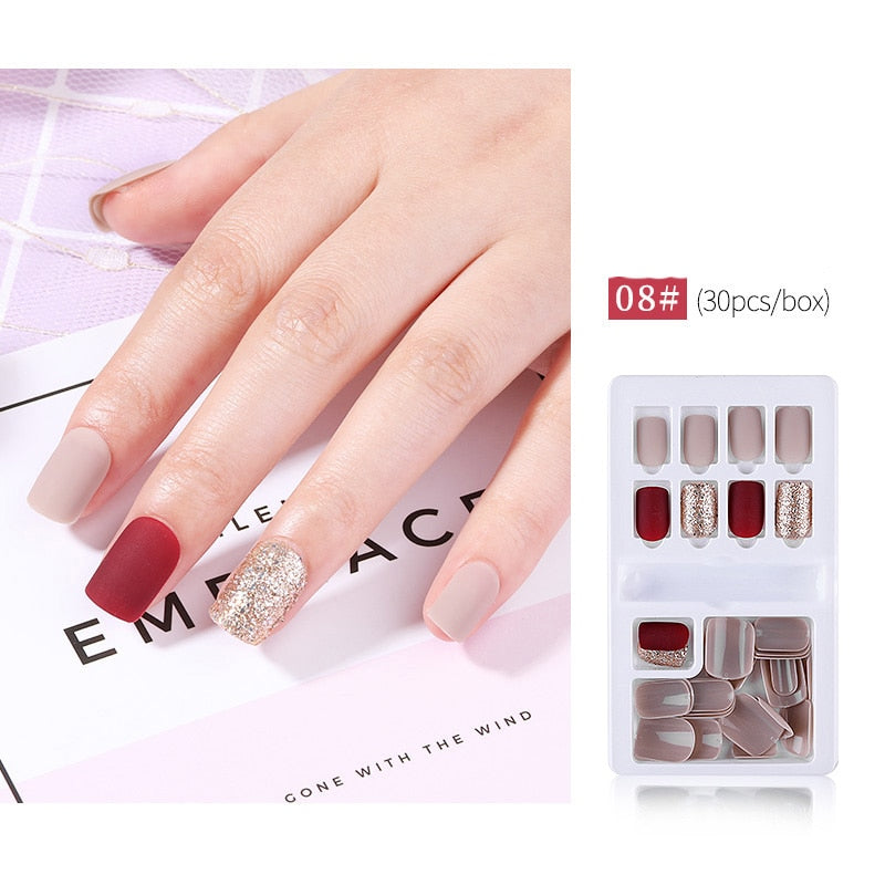 30pcs Designed Fake Nails Artificial False Nails Tips Set Full Cover for Decoration Press On Fake Nails Art Tips With Sticker