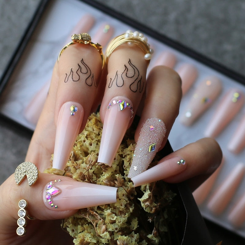 Gel Deep Olive green Bling crystal Luxury Acrylic nails fake nails ballet UV glossy reuse Black box Extra Coffin false nails