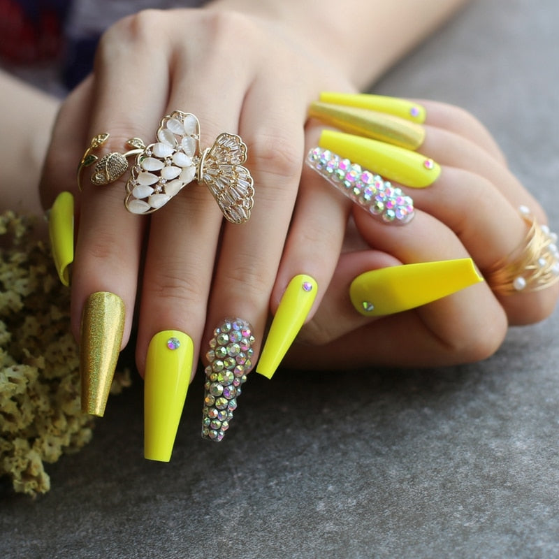 Gel Deep Olive green Bling crystal Luxury Acrylic nails fake nails ballet UV glossy reuse Black box Extra Coffin false nails