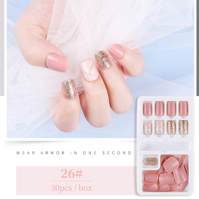 30pcs Designed Fake Nails Artificial False Nails Tips Set Full Cover for Decoration Press On Fake Nails Art Tips With Sticker