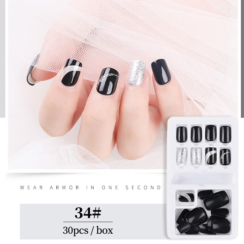 30pcs Designed Fake Nails Artificial False Nails Tips Set Full Cover for Decoration Press On Fake Nails Art Tips With Sticker