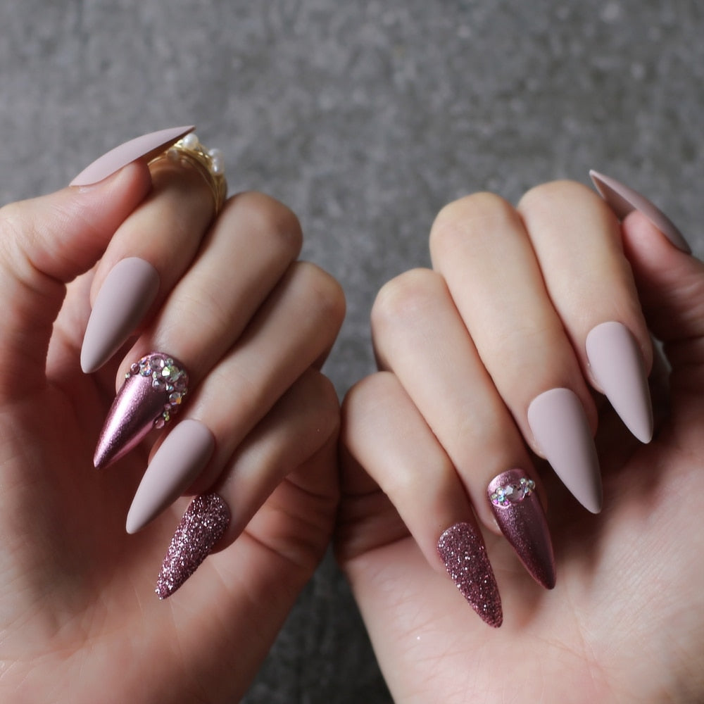 Stiletto Nude Fake nails Rose metal crystal false nails red glitter full set long go custom Salon Burgundy press on nails