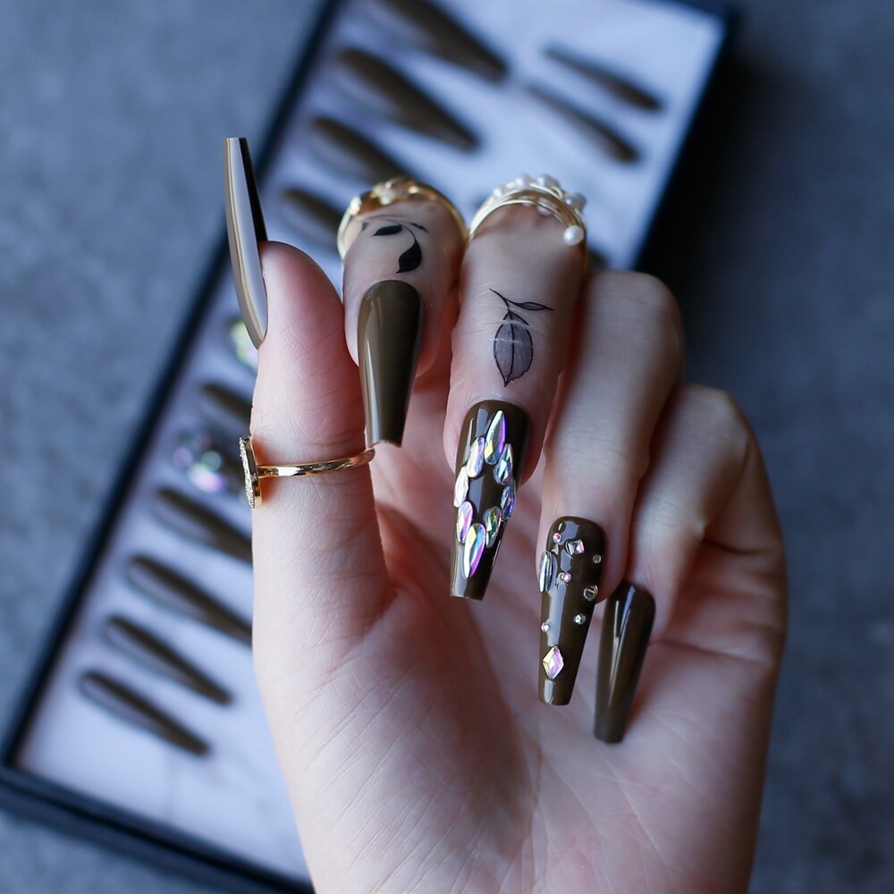 Gel Deep Olive green Bling crystal Luxury Acrylic nails fake nails ballet UV glossy reuse Black box Extra Coffin false nails