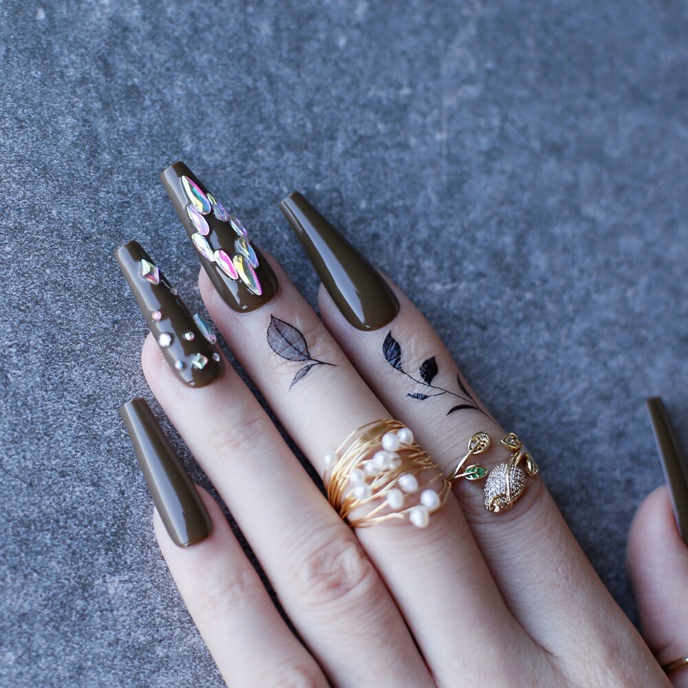 Gel Deep Olive green Bling crystal Luxury Acrylic nails fake nails ballet UV glossy reuse Black box Extra Coffin false nails
