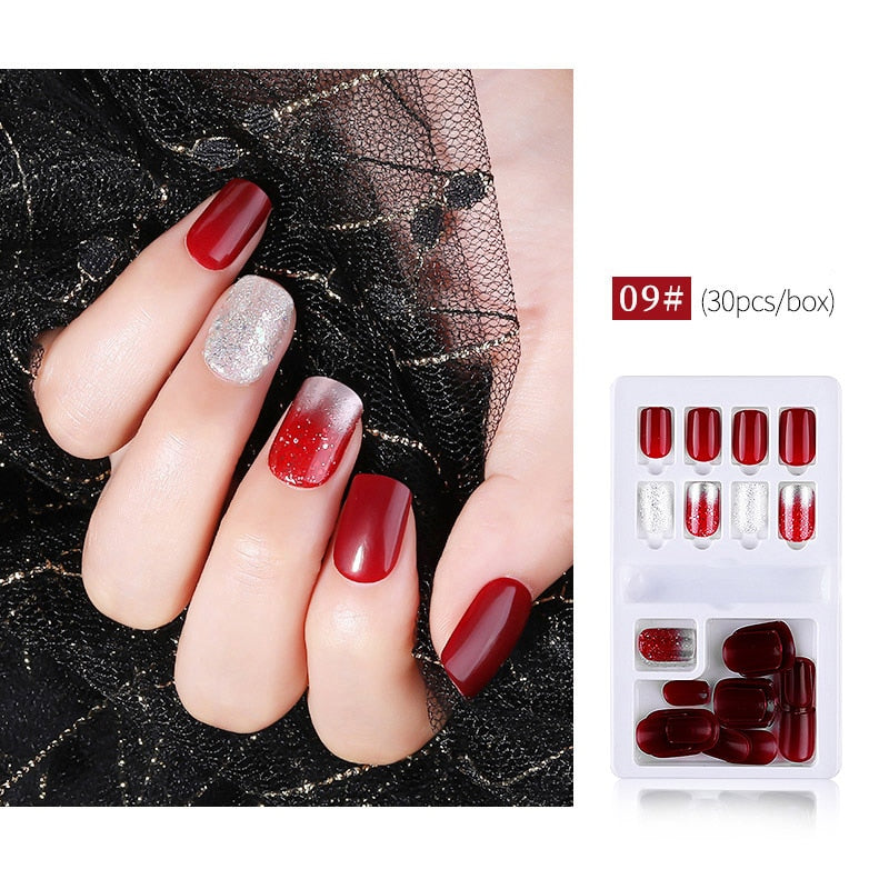 30pcs Designed Fake Nails Artificial False Nails Tips Set Full Cover for Decoration Press On Fake Nails Art Tips With Sticker