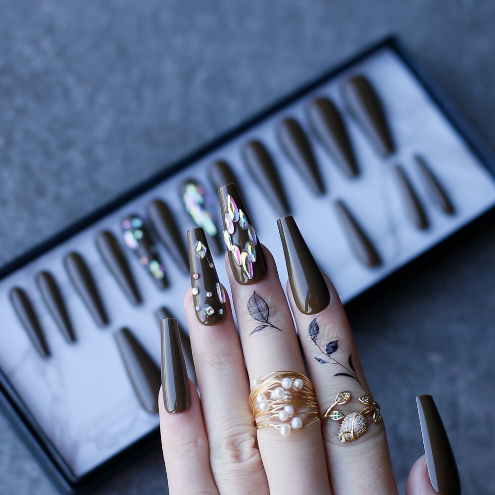 Gel Deep Olive green Bling crystal Luxury Acrylic nails fake nails ballet UV glossy reuse Black box Extra Coffin false nails