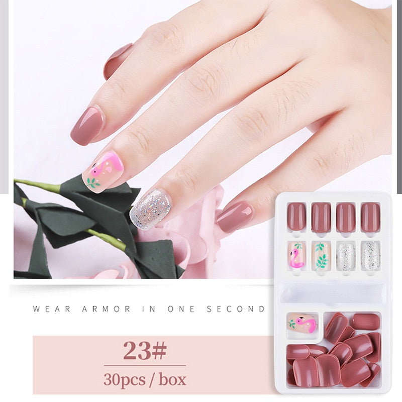 30pcs Designed Fake Nails Artificial False Nails Tips Set Full Cover for Decoration Press On Fake Nails Art Tips With Sticker