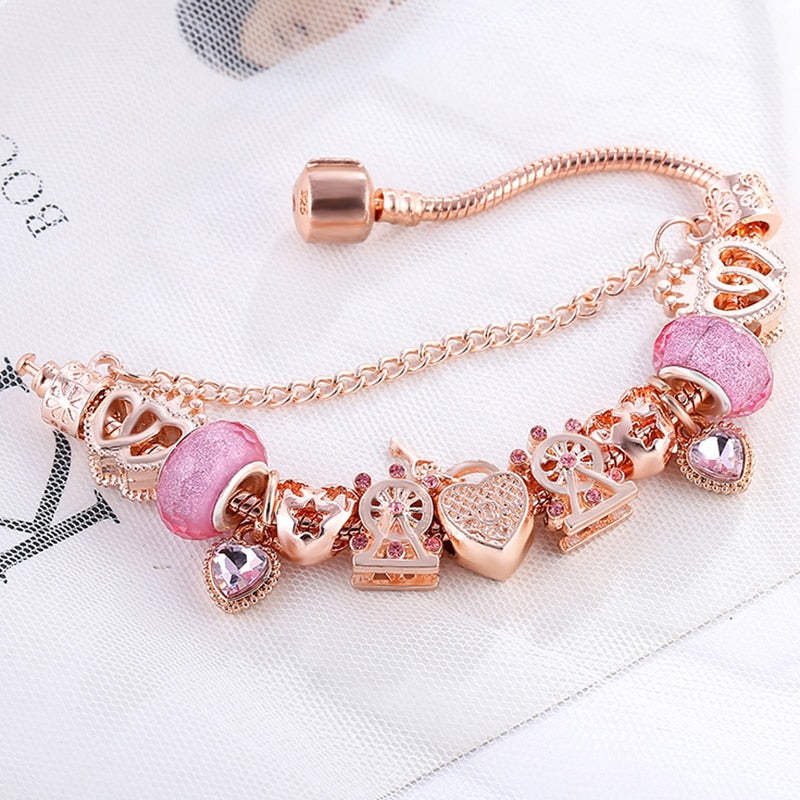 BAOPON New Heart &amp; Key Pendant Rose Gold Color Fine Bracelets &amp; Bangles Ferris Wheel Beads Charm Bracelet For Women Jewelry Gift
