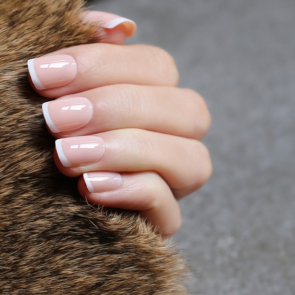 Short Square fake nails light pink UV French false nails 24pcs full set nude color Bright wedding nails